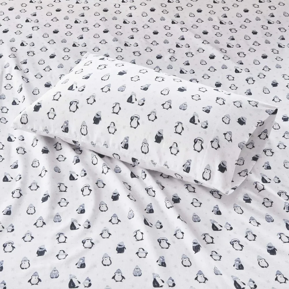 Intelligent Design Cozy Soft 100% Cotton Flannel Full Blue Penguins 4 Piece